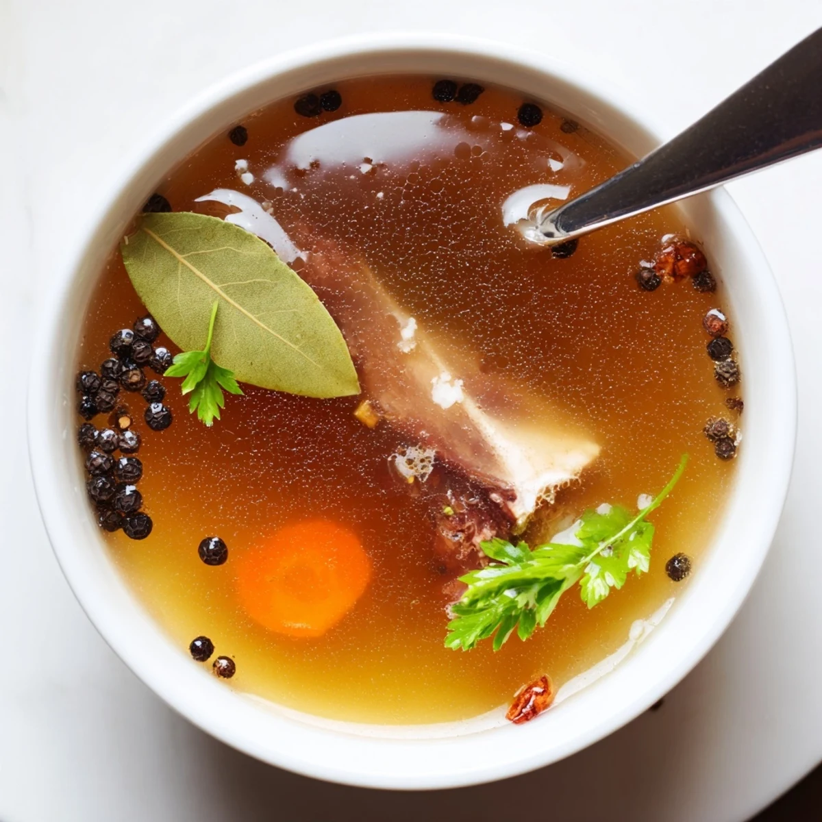 Rich, golden Beef Bone Broth steaming in bowl, roasted bones visible