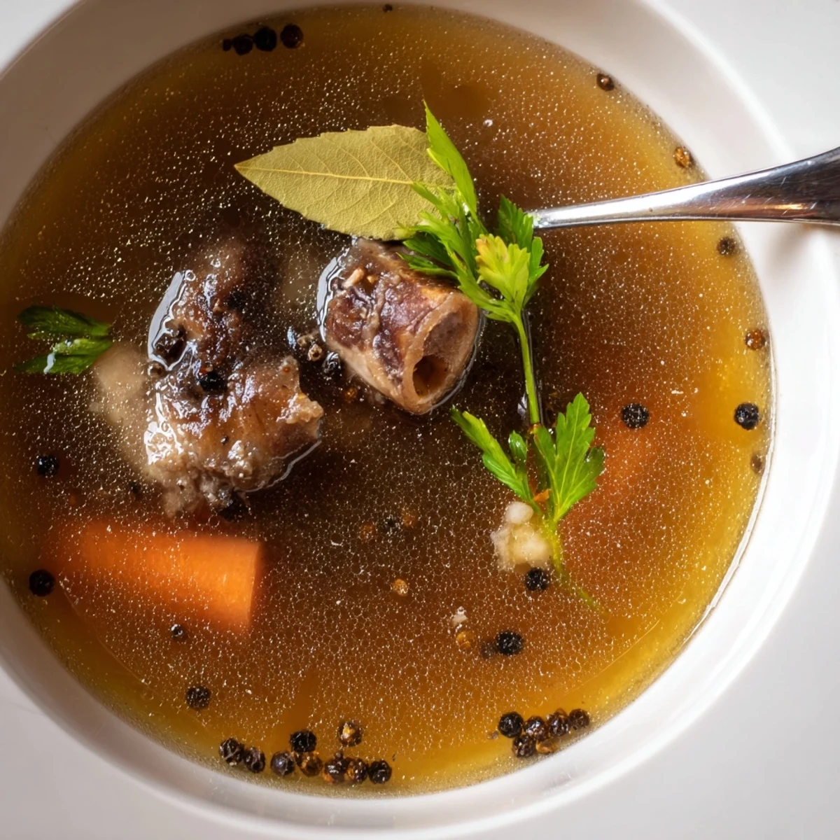 Silky gelatinous Beef Bone Broth in glass jar, cooling with fat