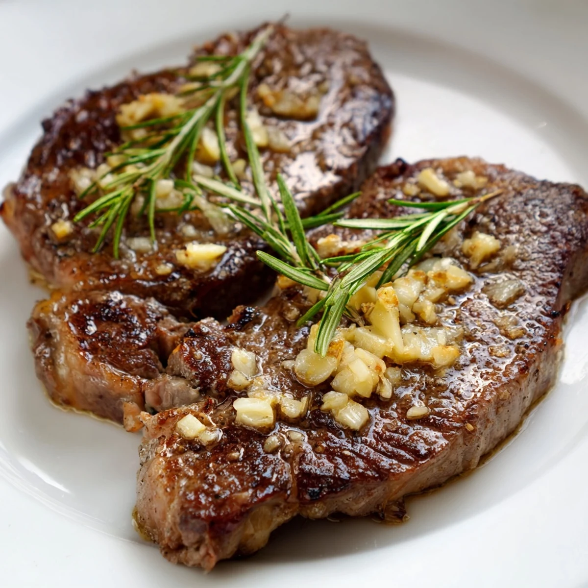 Golden pan-seared garlic butter steak with melted herb butter glistening on top