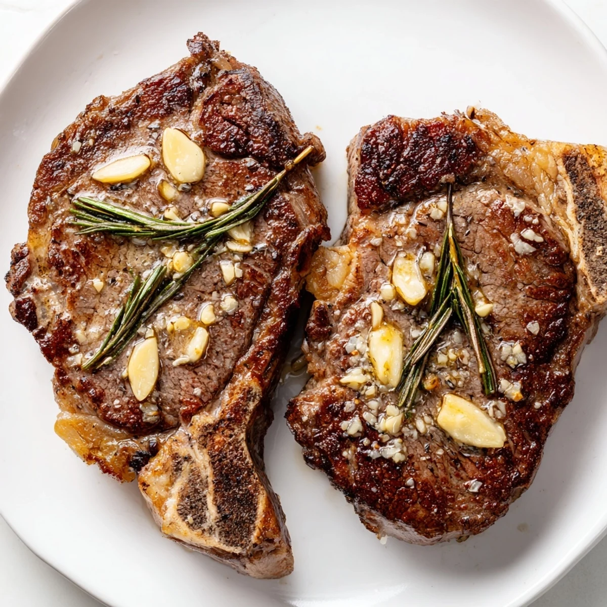 Juicy ribeye steak basted with aromatic garlic butter and fresh rosemary sprigs
