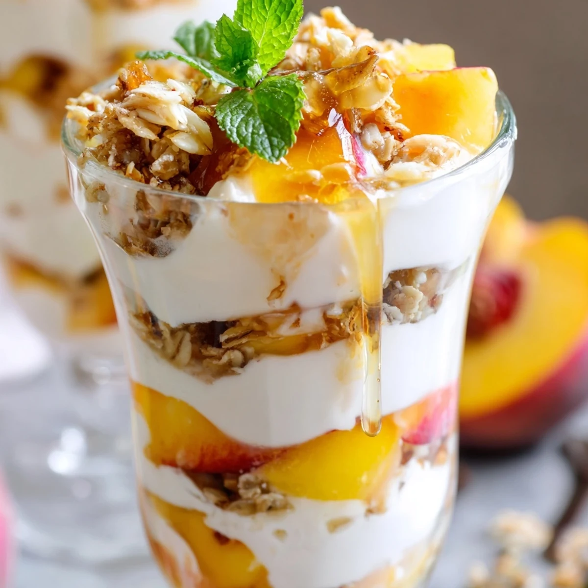 Glass jar showcasing sweet peach yogurt parfait layers with golden granola topping