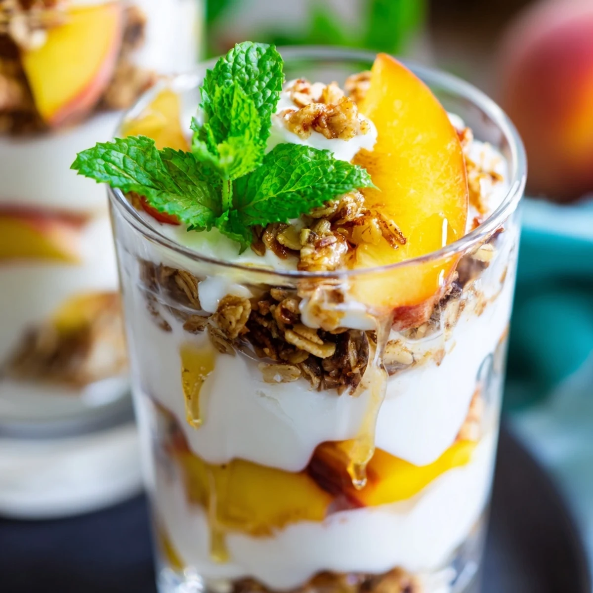 Ripe peach slices layered with creamy Greek yogurt in tall parfait glasses