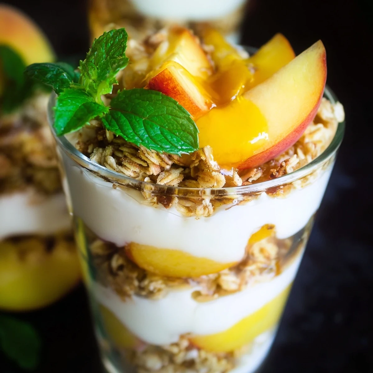 Close-up of breakfast parfait featuring peaches yogurt and crunchy honey granola swirl