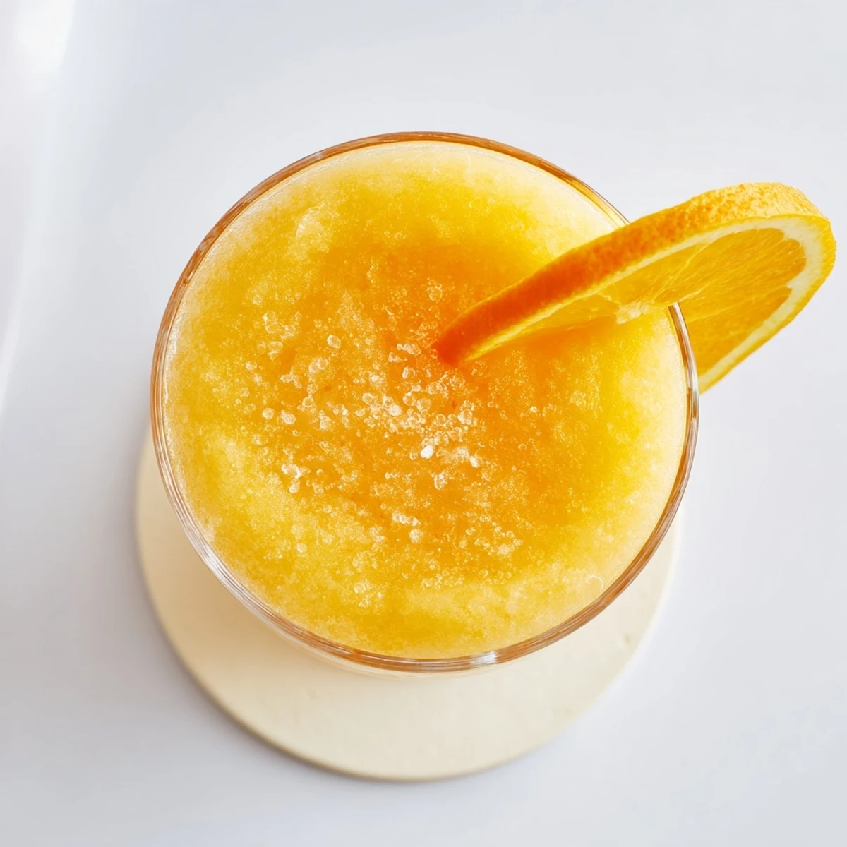Garnished with fresh mint and orange slice, this frozen orange cream slush features a velvety vanilla-infused texture blended with bright citrus.