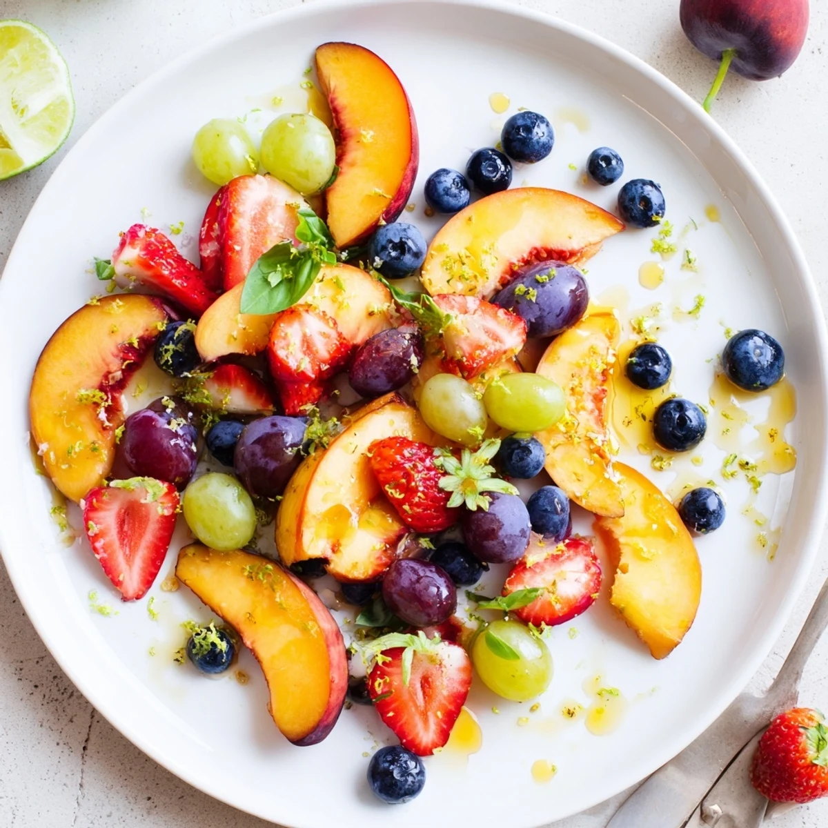 Honey Lime Basil Peach Fruit Salad tossed with honey-lime dressing, juicy peach slices