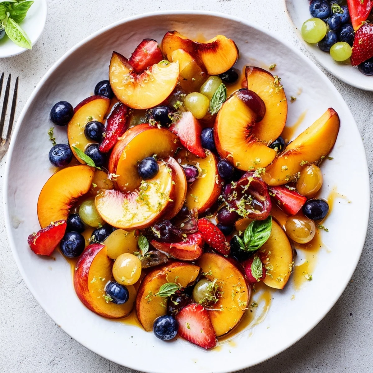 Honey Lime Basil Peach Fruit Salad chilled in bowl, perfect picnic summer dessert