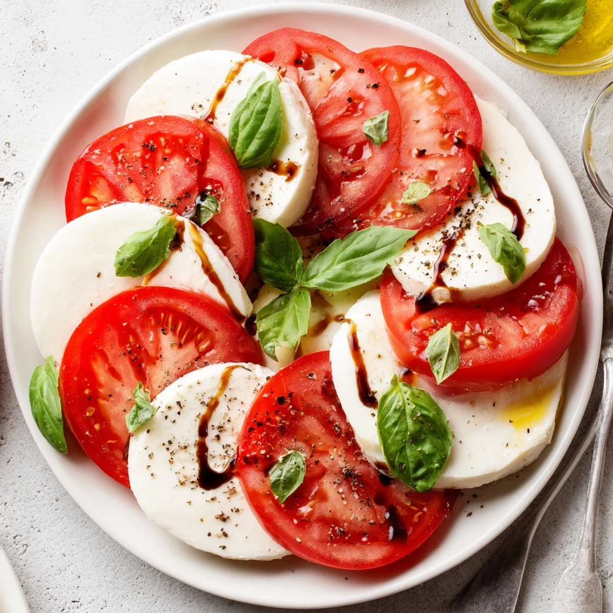 Caprese Salad arranged on platter with overlapping tomato and mozzarella slices.