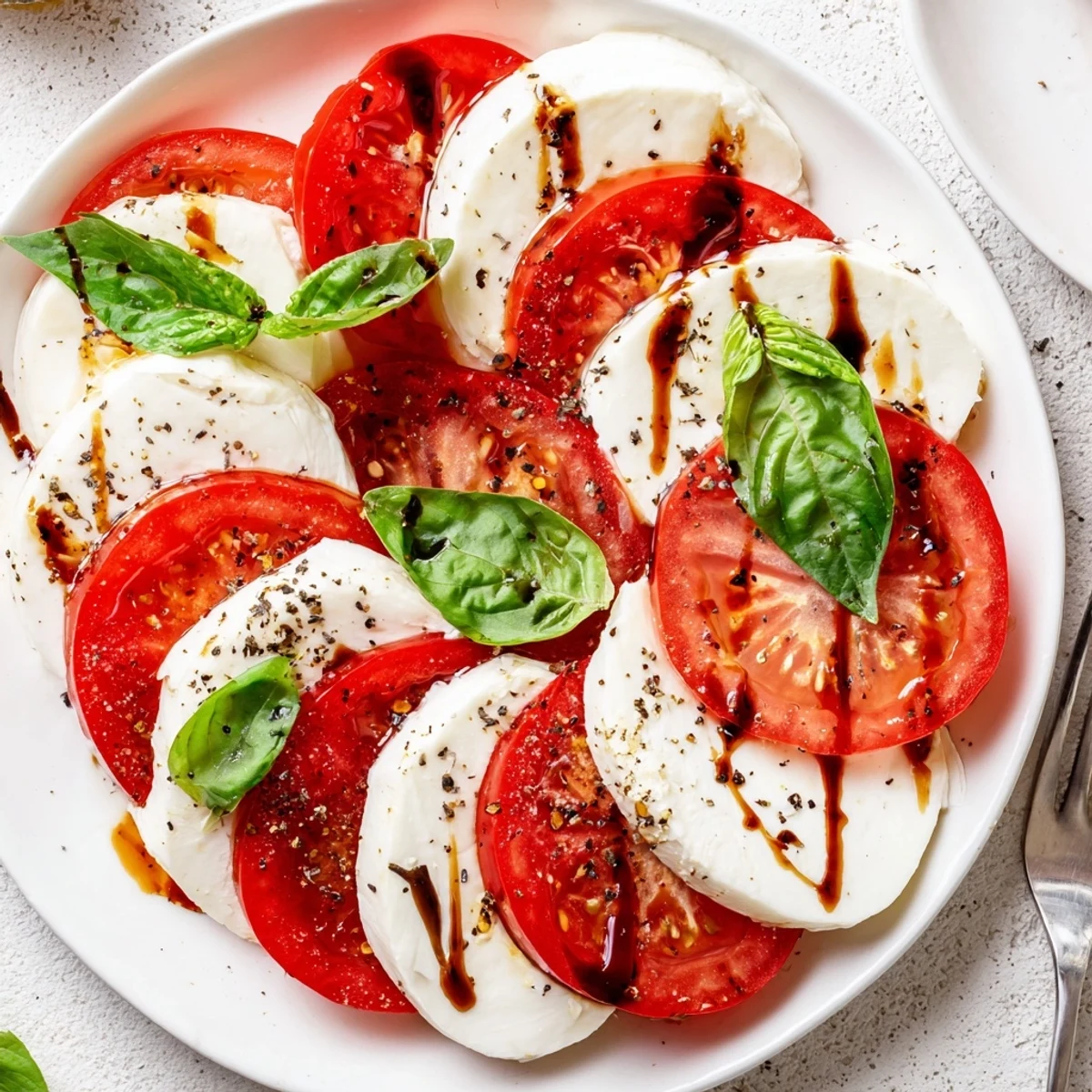 Fresh Caprese Salad drizzled with balsamic glaze, flaky sea salt, served as starter.