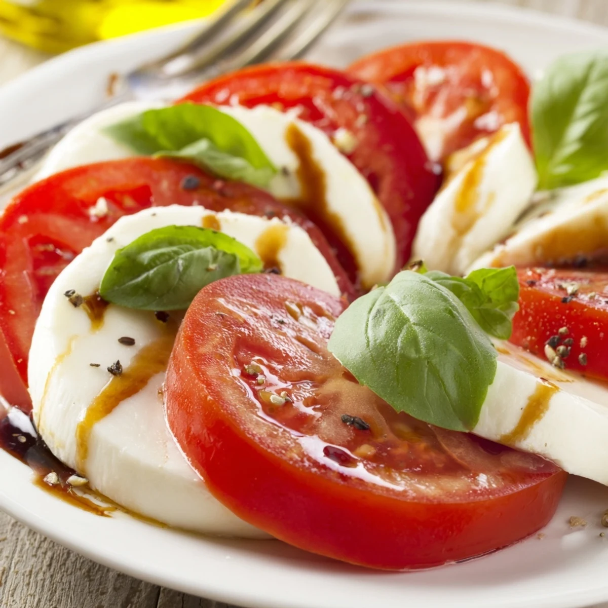 Bright Caprese Salad with fragrant basil leaves, olive oil sheen, ready to serve.