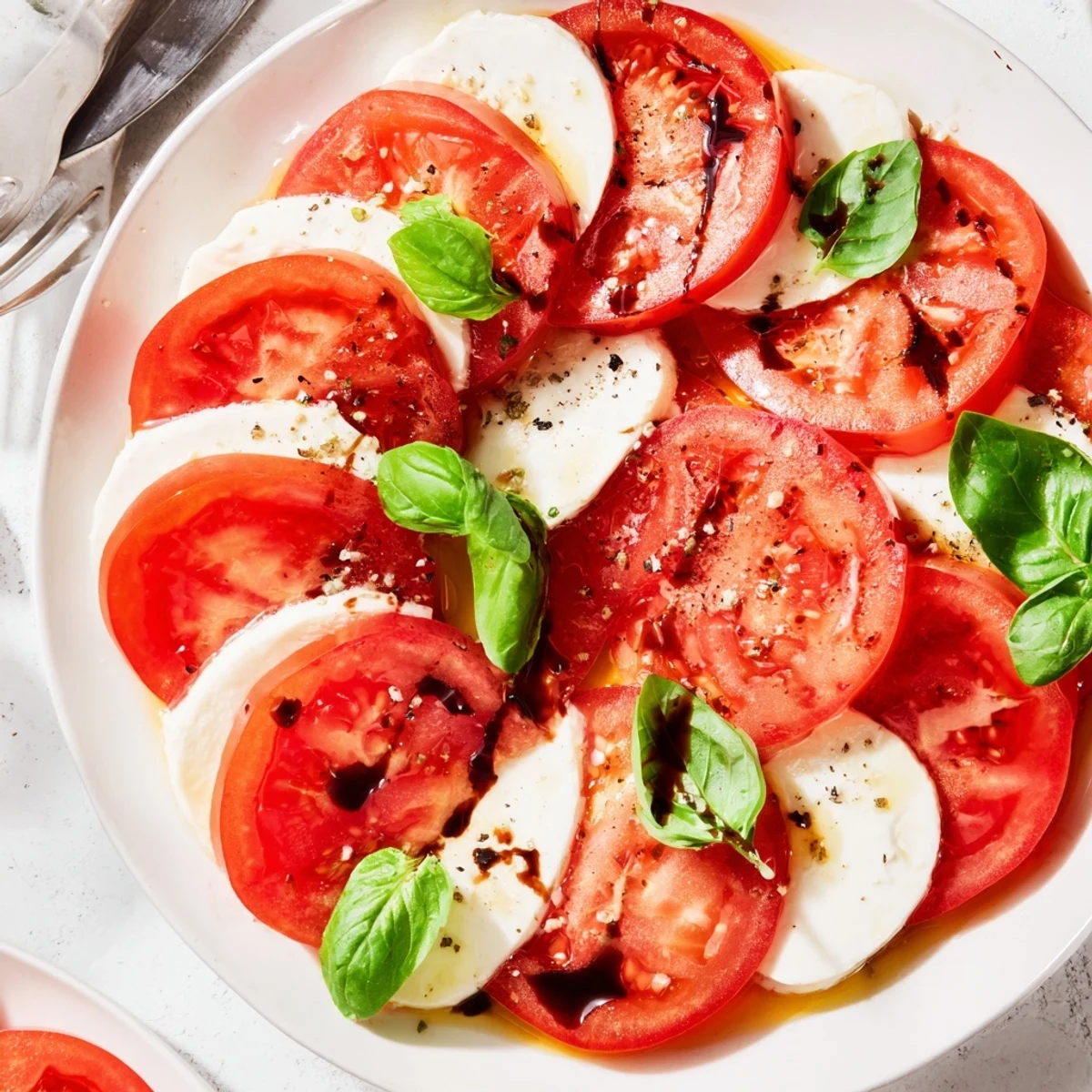 Caprese Salad layered with ripe tomatoes, creamy mozzarella, fragrant basil, olive oil