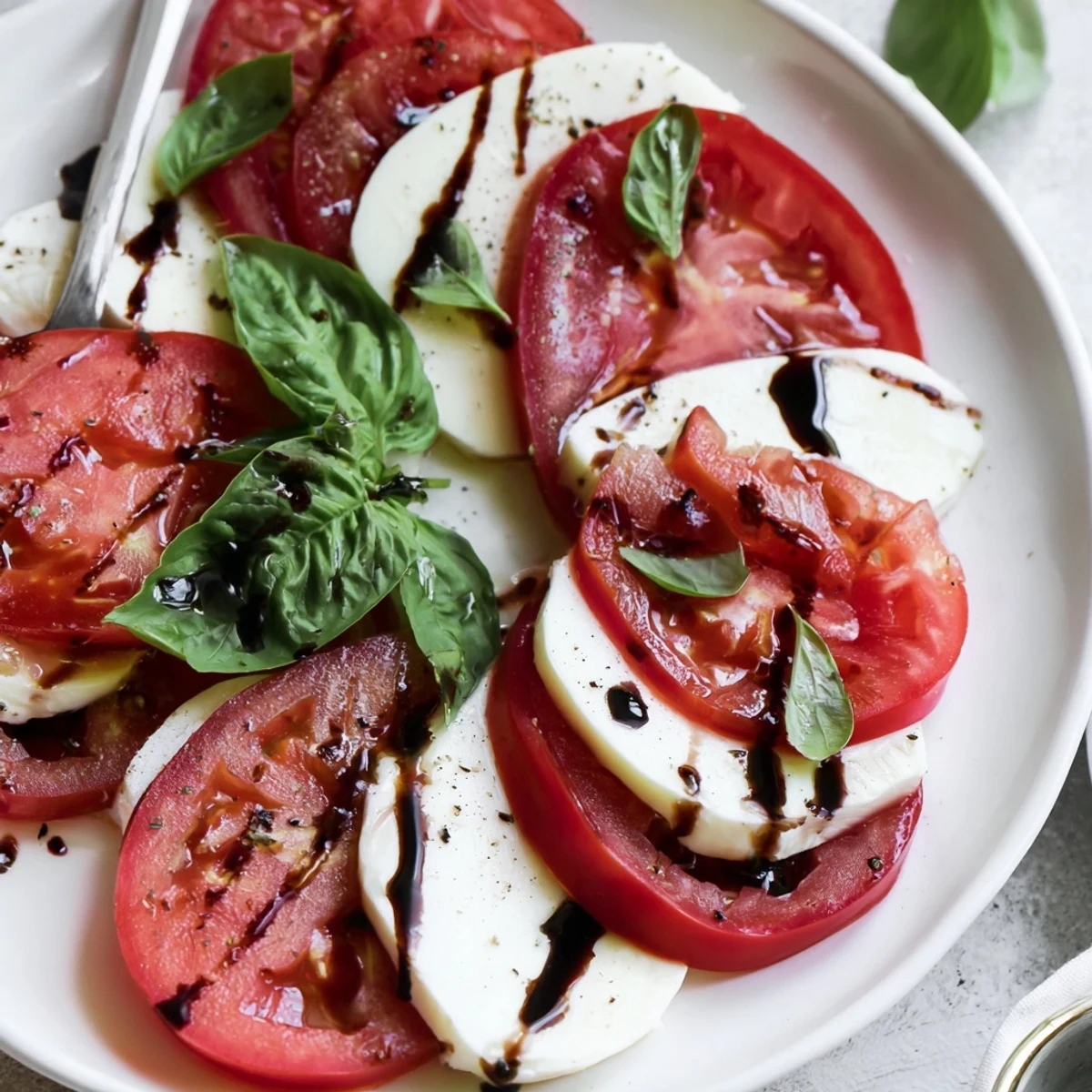 Bright Caprese Salad arranged on a platter, drizzled with balsamic glaze