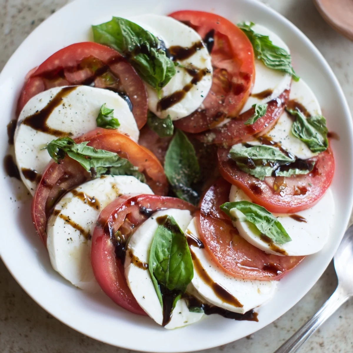 Summer Caprese Salad served at room temperature, sprinkled with flaky sea salt