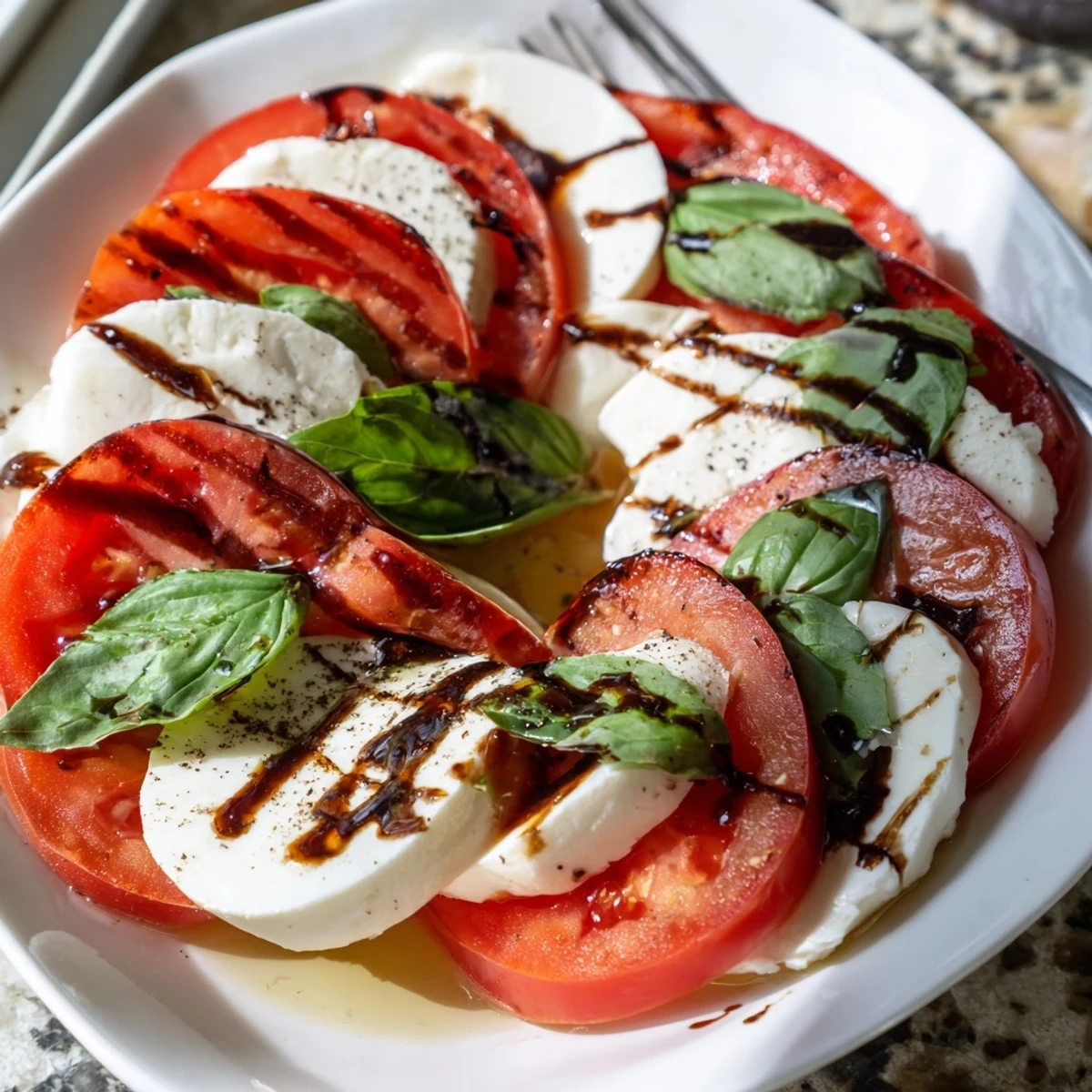 Caprese Salad Recipe plated with herbs, ready to enjoy with chilled Pinot Grigio.