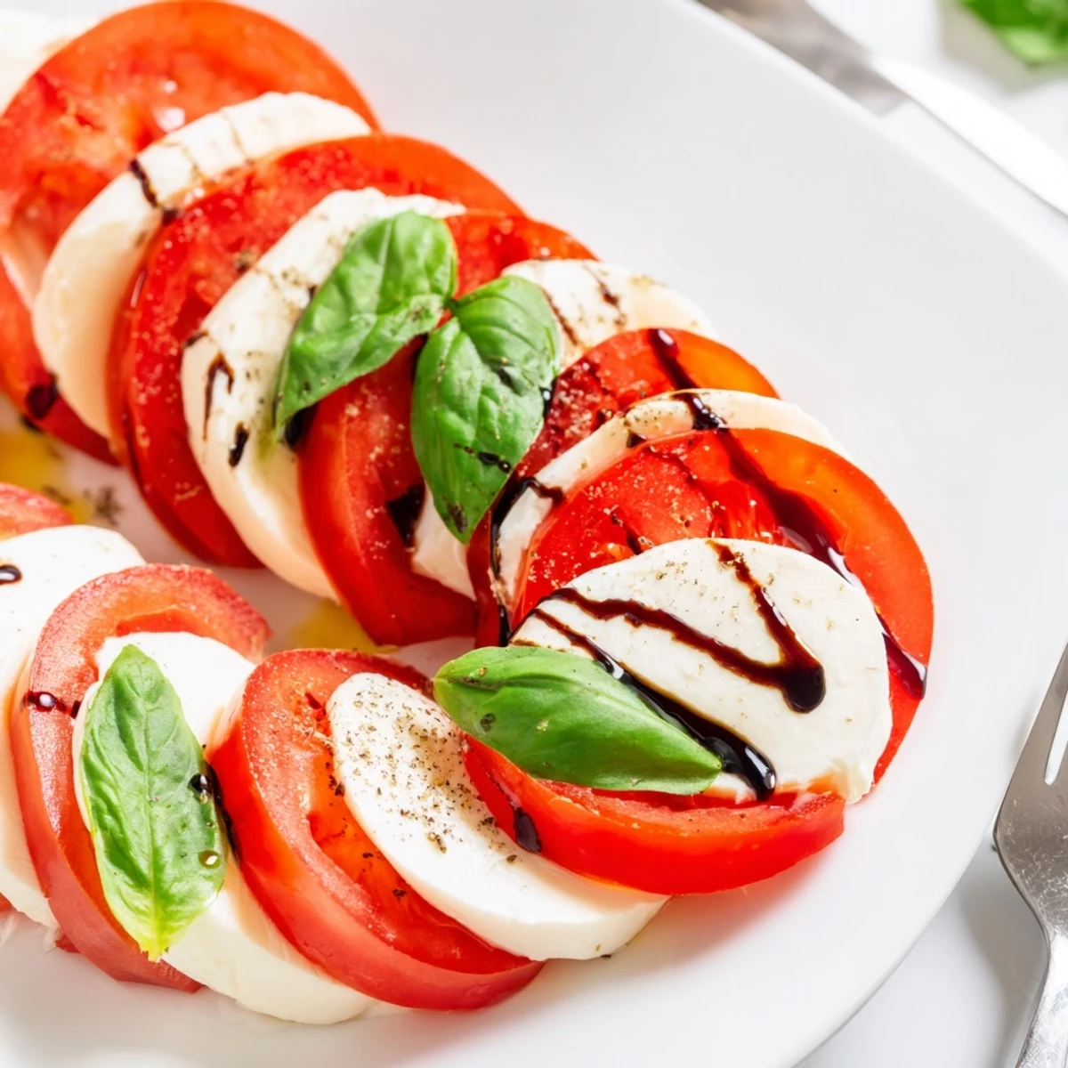 Bright Caprese Salad Recipe drizzled with balsamic glaze, olive oil, sea salt.