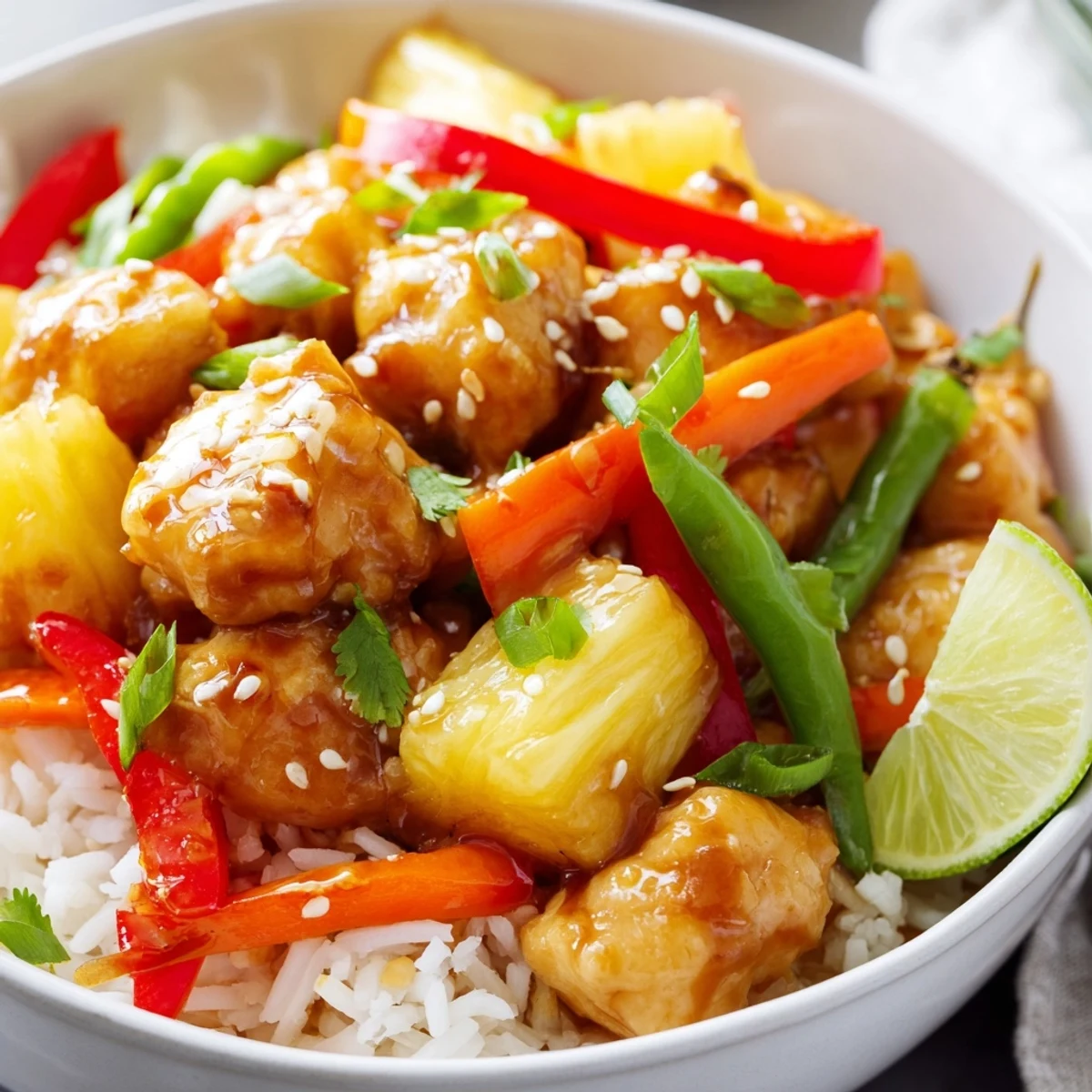 Colorful pineapple chicken rice bowl with tender glazed chicken crisp bell pepper and juicy pineapple chunks