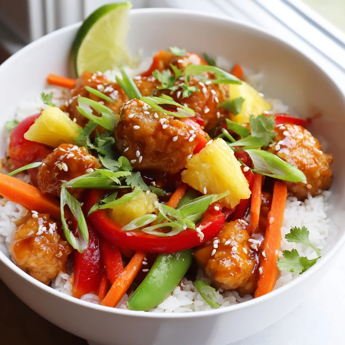 Golden caramelized pineapple chicken rice bowl topped with sesame seeds and fresh cilantro
