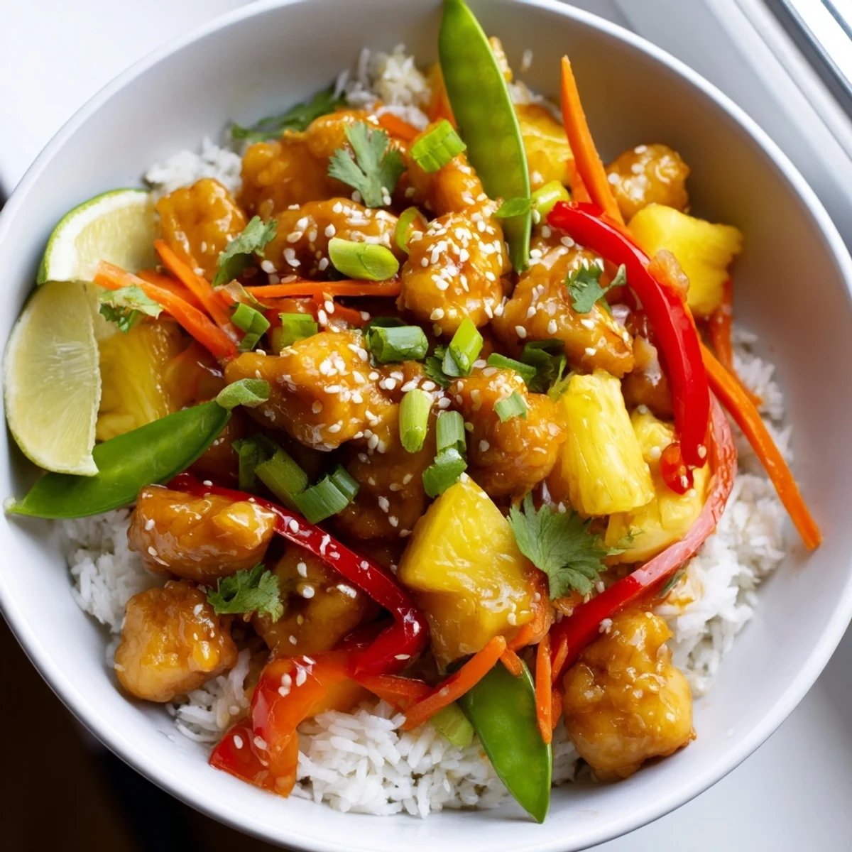 Steaming pineapple chicken rice bowl drizzled with savory sweet sauce served with a lime wedge