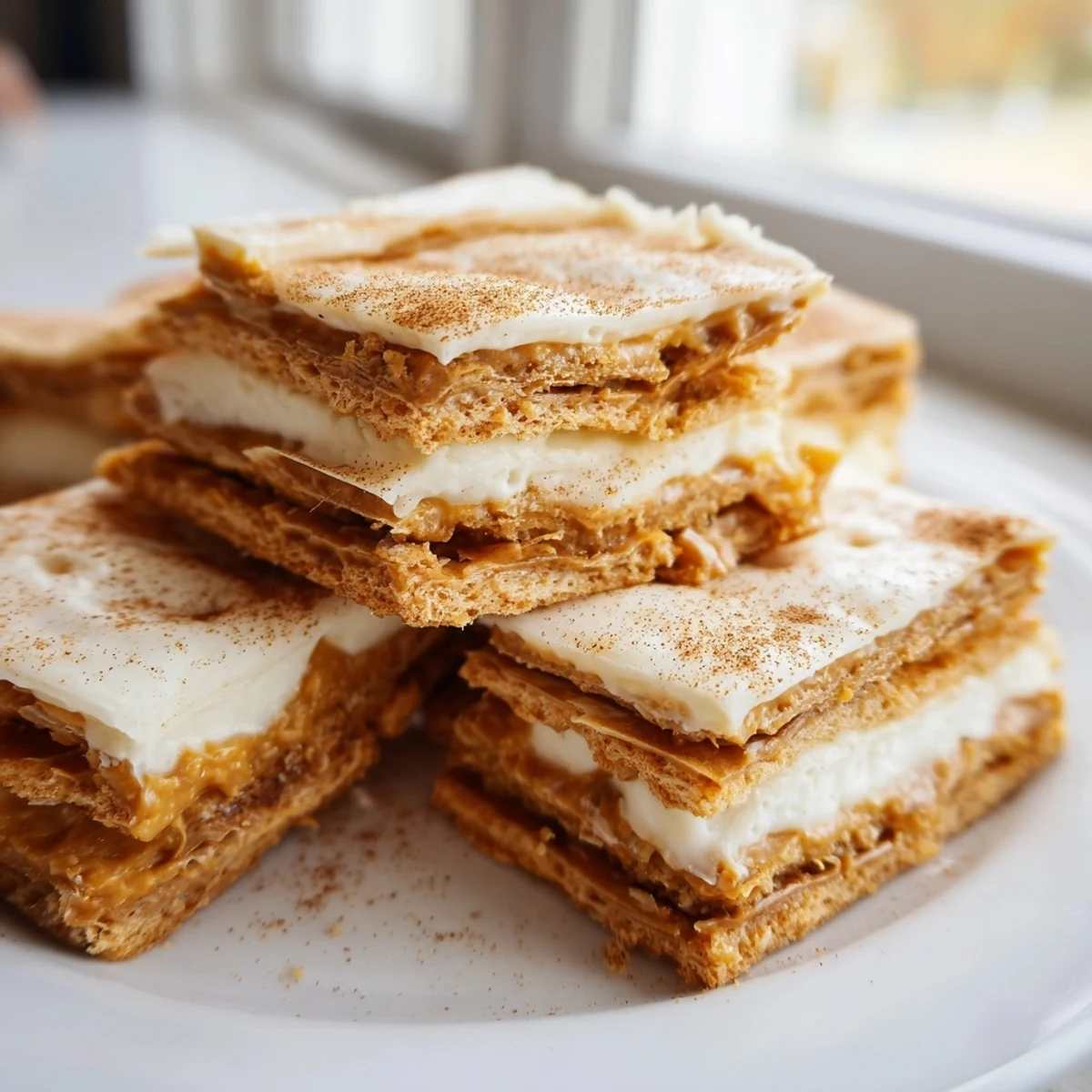 Golden churro saltine white toffee pieces dusted with cinnamon sugar on a rustic cutting board