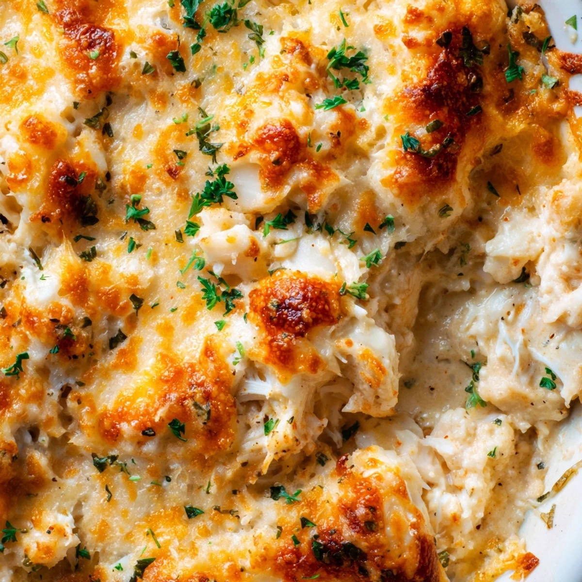 Creamy crab au gratin with bubbling golden cheddar and Gruyère cheese topping