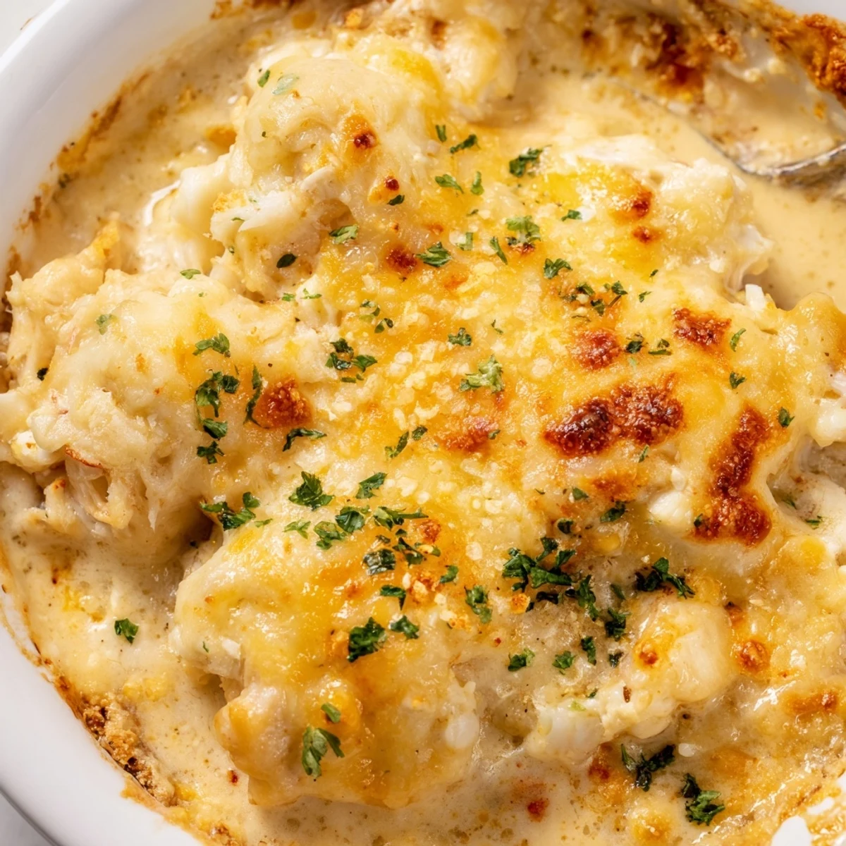 Rich crab au gratin served in a dish with parsley and lemon wedges