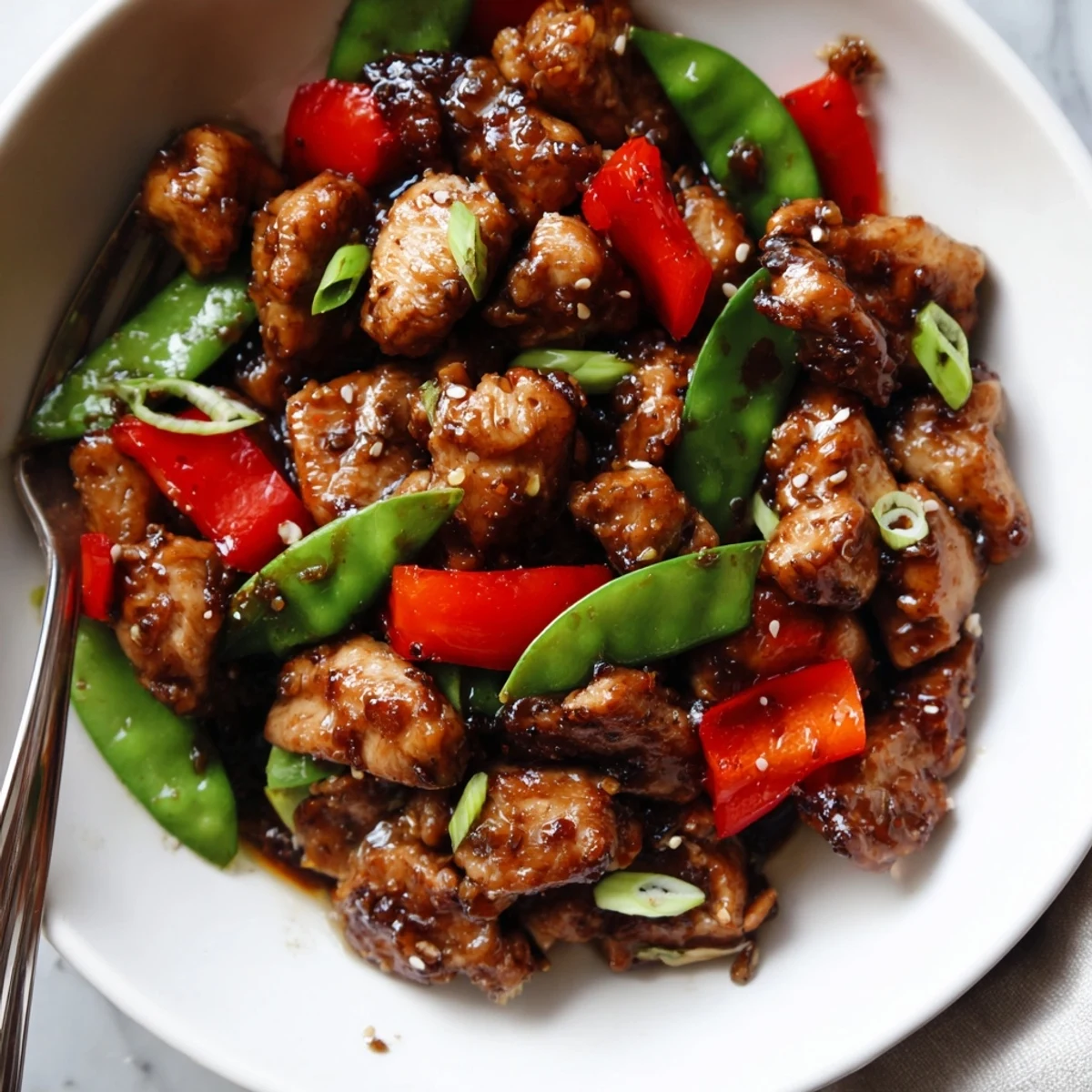 Sizzling Stir Fried Chinese Garlic Chicken with crisp bell peppers and glossy sauce