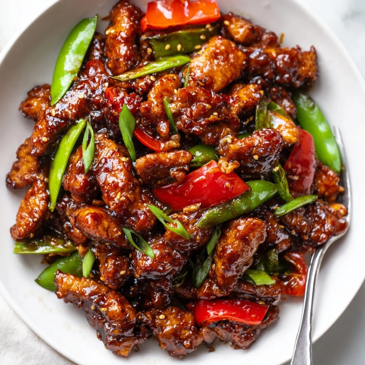 Tender Stir Fried Chinese Garlic Chicken tossed with snow peas in wok