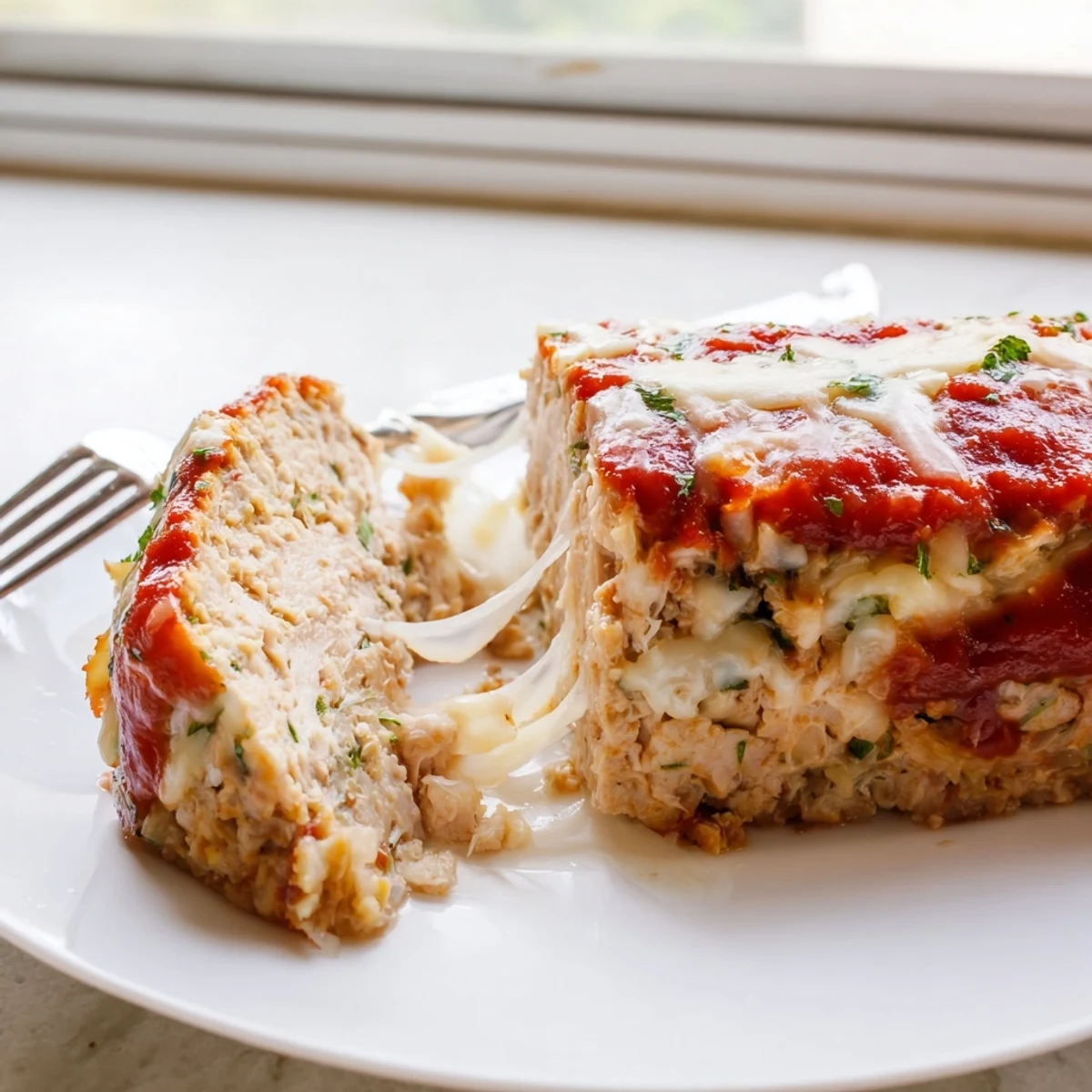 Golden Parmesan chicken meatloaf sliced and topped with marinara on a rustic plate
