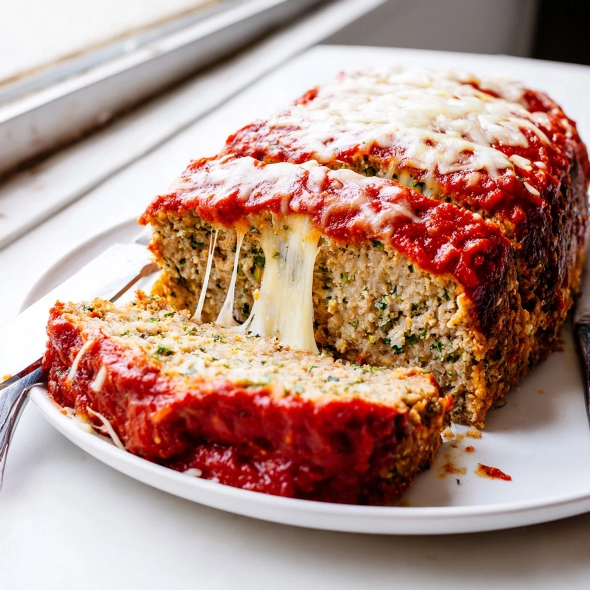 Juicy Parmesan chicken meatloaf fresh from the oven with melted mozzarella cheese