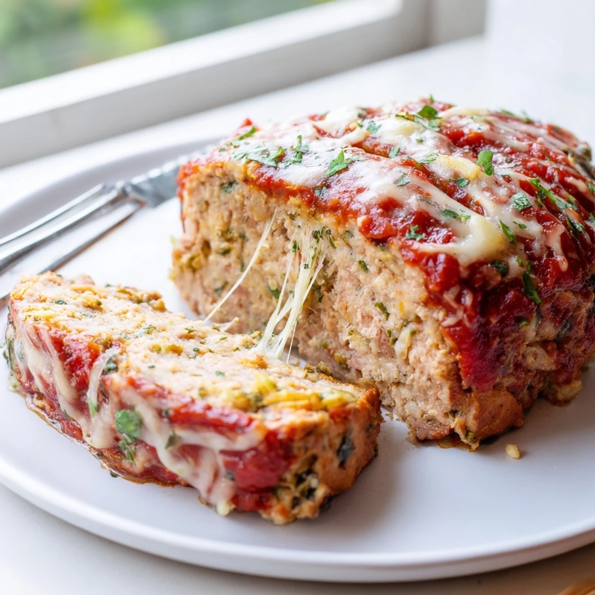 A hearty Parmesan chicken meatloaf slice served alongside pasta and fresh parsley