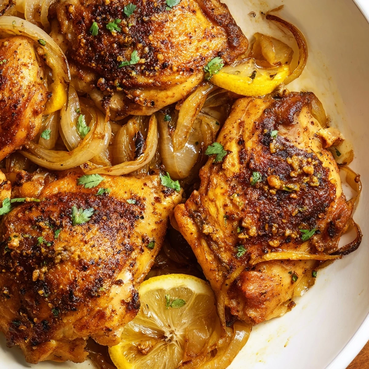 Golden ginger garlic chicken thighs baked crispy on a sheet pan with caramelized onion