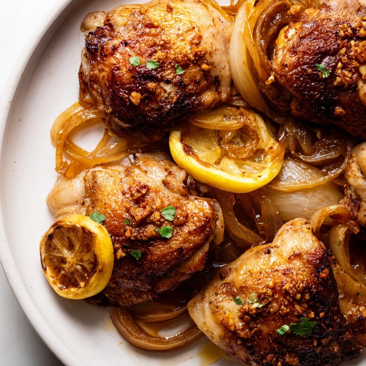 Juicy ginger garlic chicken thigh bake plated over steamed rice with fresh cilantro