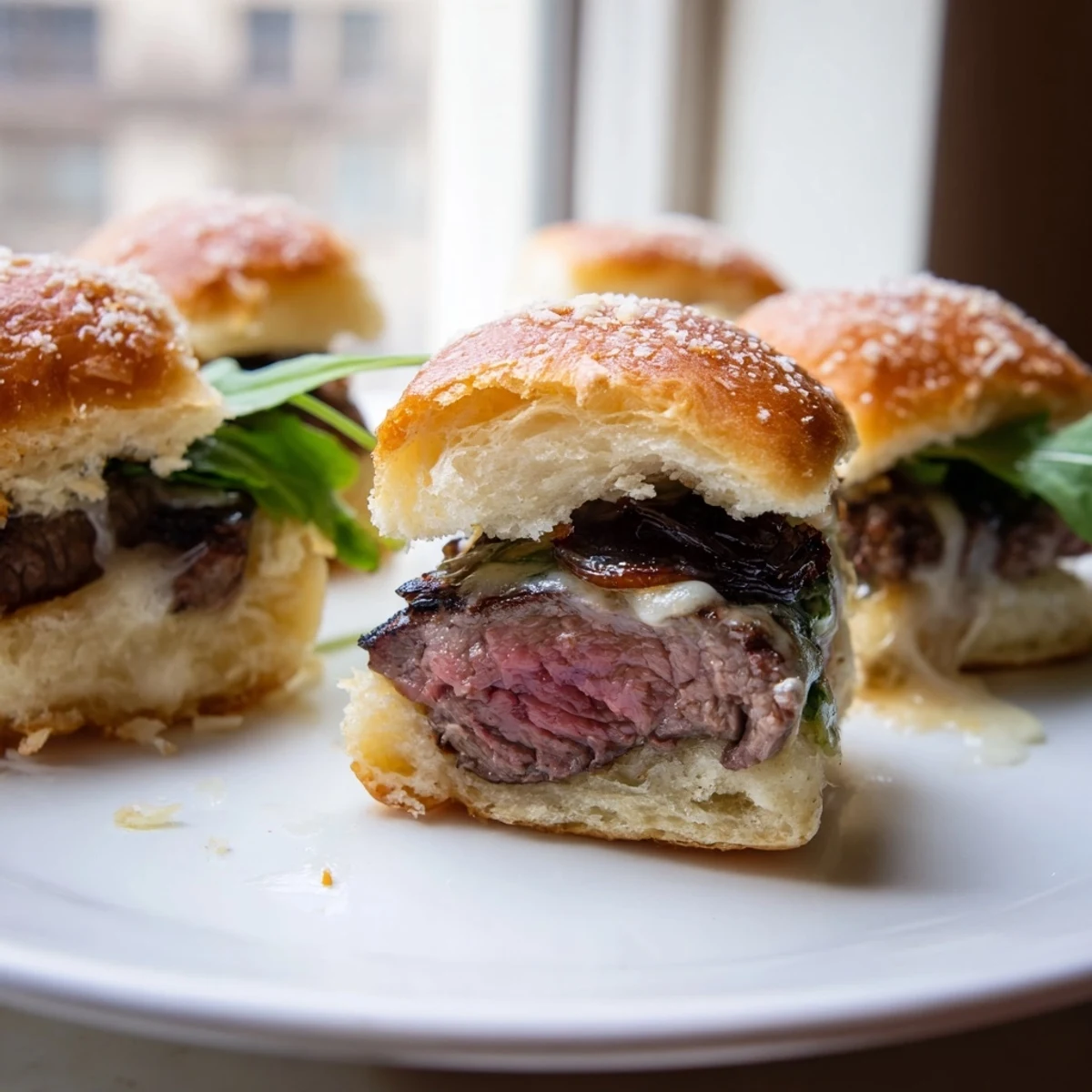 Juicy filet mignon sliders on golden garlic parmesan rolls with melted cheese and fresh arugula