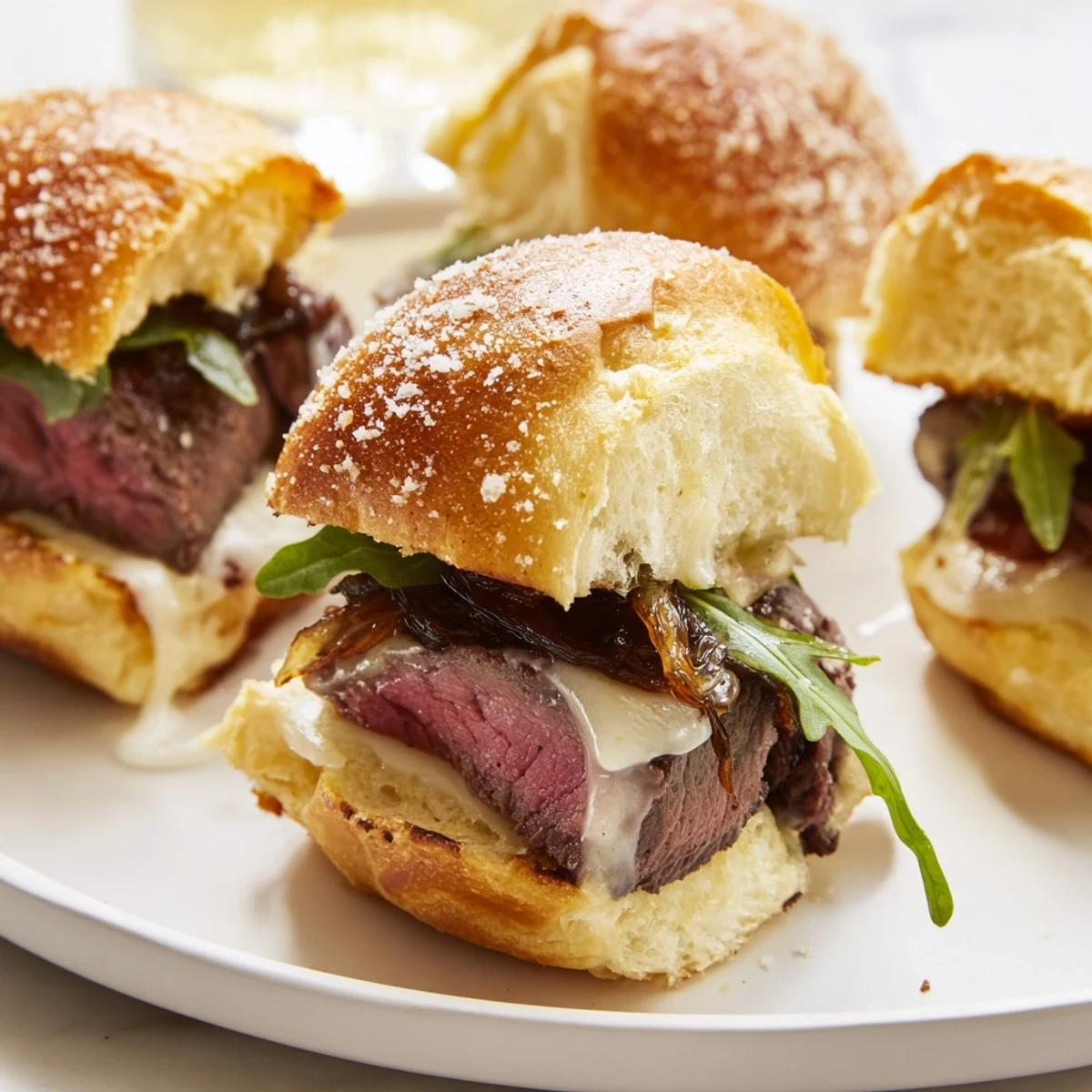 Tender filet mignon sliders stacked on toasted garlic parmesan rolls with caramelized onions
