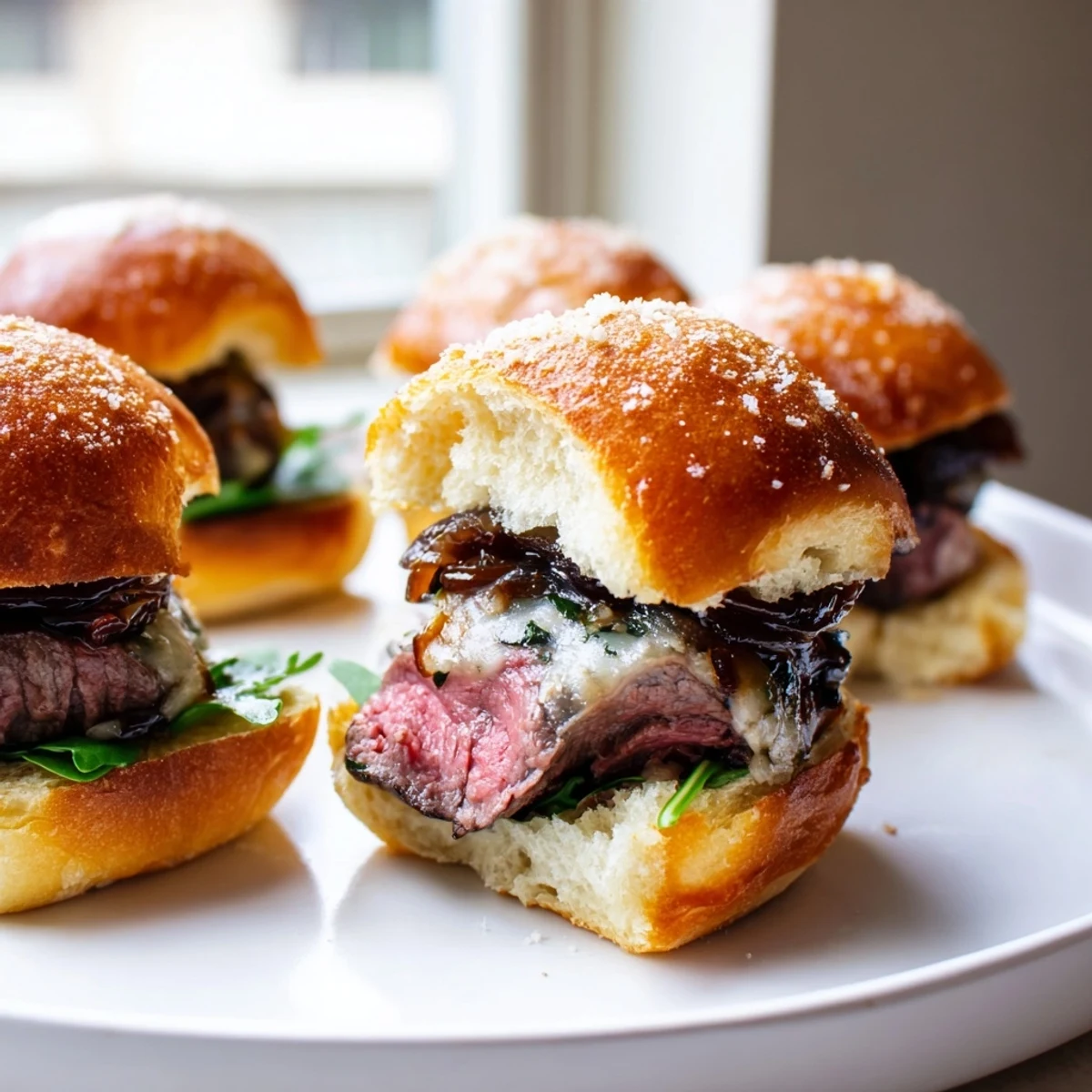 Crispy garlic parmesan rolls topped with seared filet mignon sliders and gooey provolone cheese