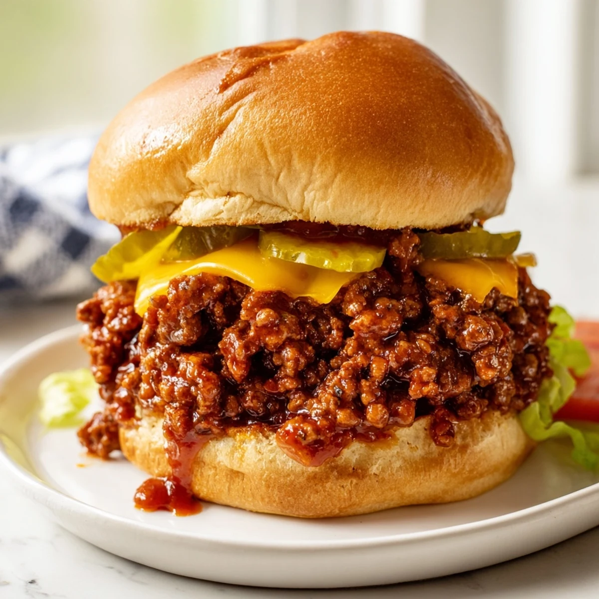 Smash Burger Sloppy Joes topped with pickles and lettuce on a buttery bun