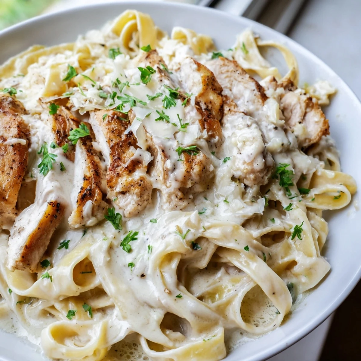 Creamy garlic Parmesan chicken pasta plated with fresh parsley and extra cheese