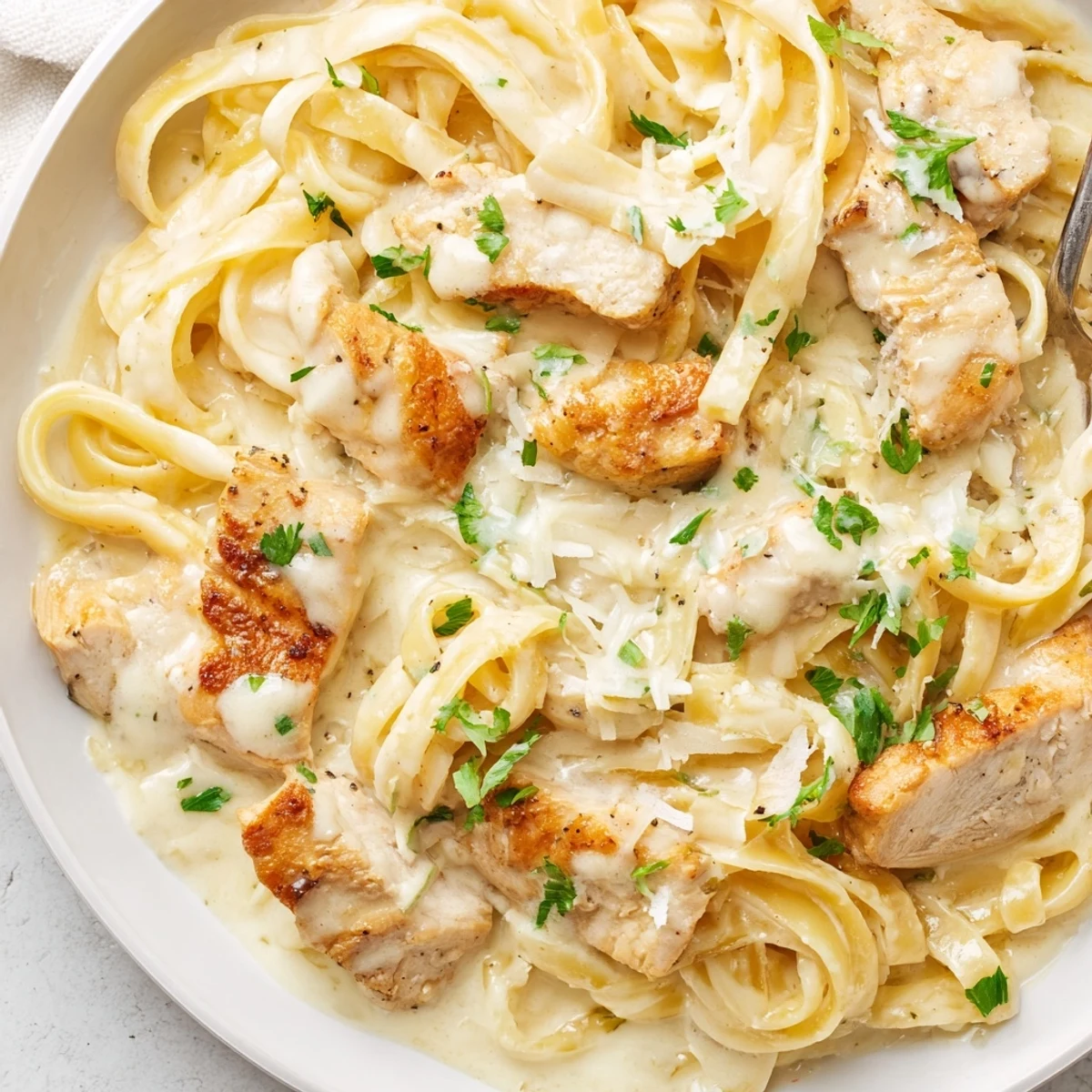 Steaming bowl of creamy garlic Parmesan chicken pasta garnished with chopped parsley