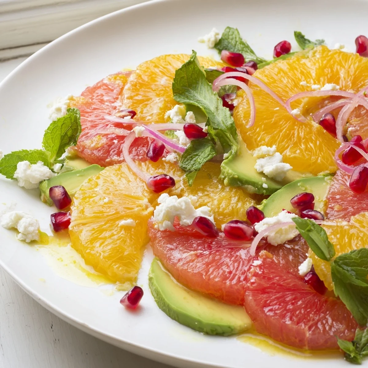 Bright citrus salad topped with ruby pomegranate arils, smooth avocado, and tangy feta cheese
