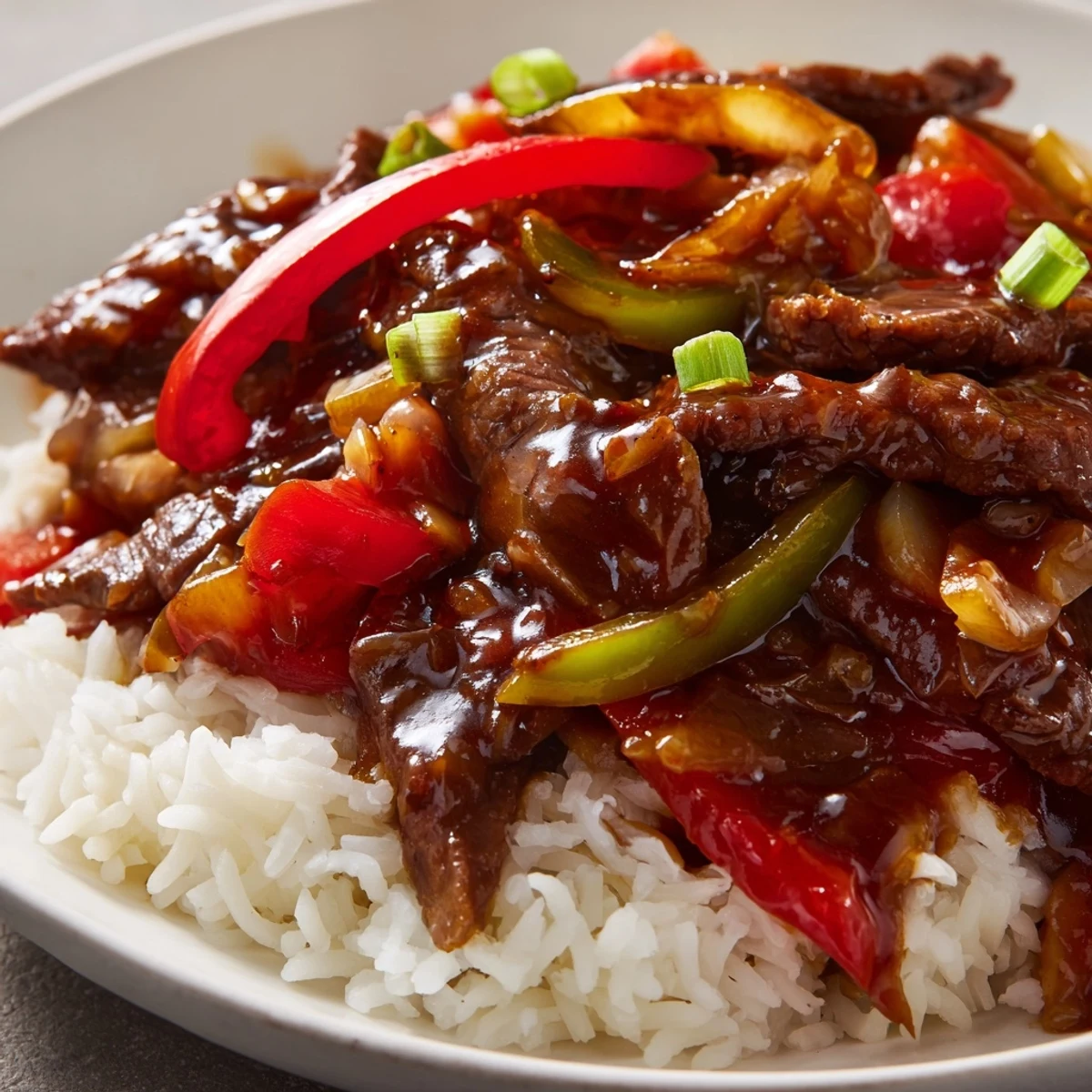Slow Cooker Pepper Steak with tender beef strips and colorful bell peppers over white rice