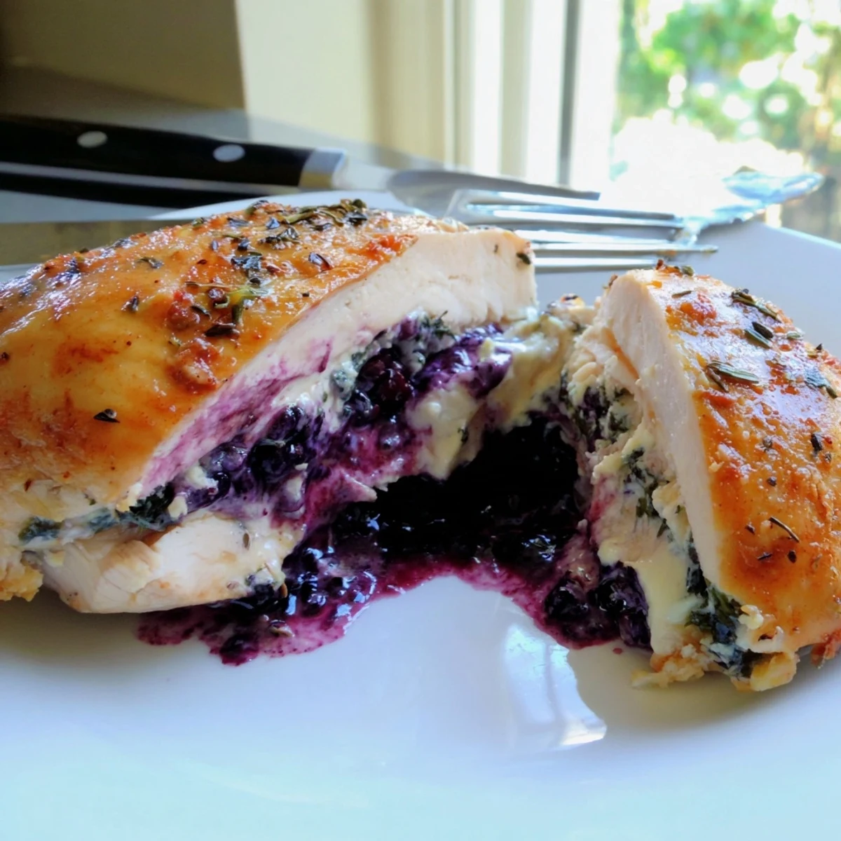 Golden baked blackberry jalapeno stuffed chicken with bubbling melted cream cheese filling