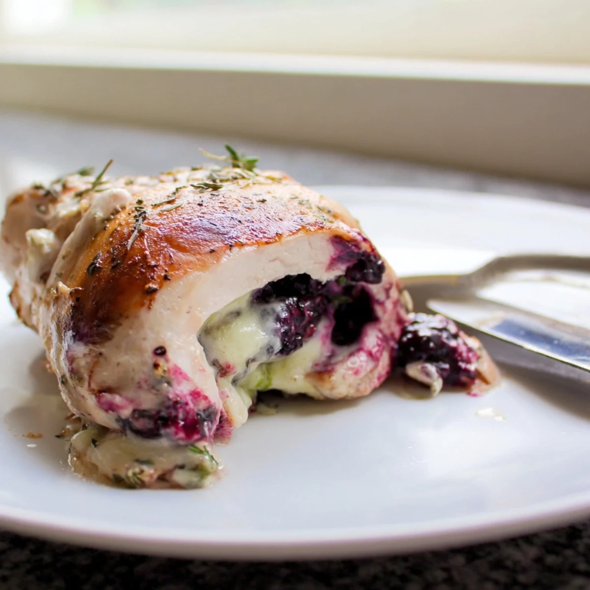 Crispy smoked paprika crusted blackberry jalapeno stuffed chicken resting in a rustic baking dish