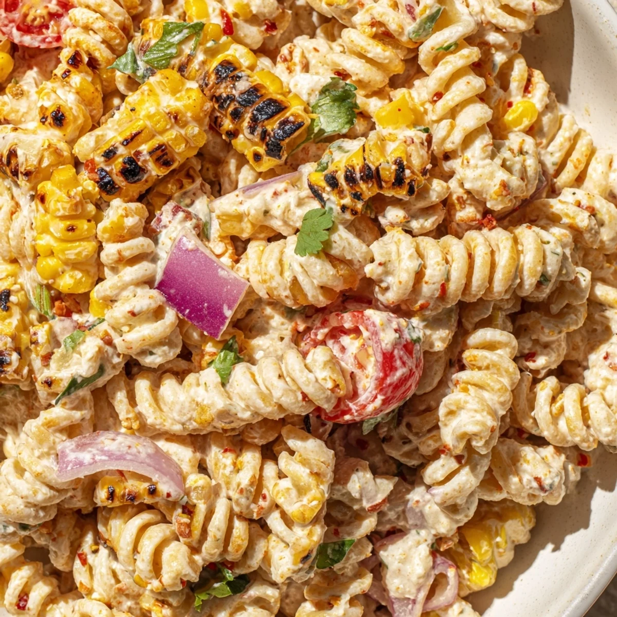 Creamy elote pasta salad with charred corn, crumbled cotija, and fresh cilantro