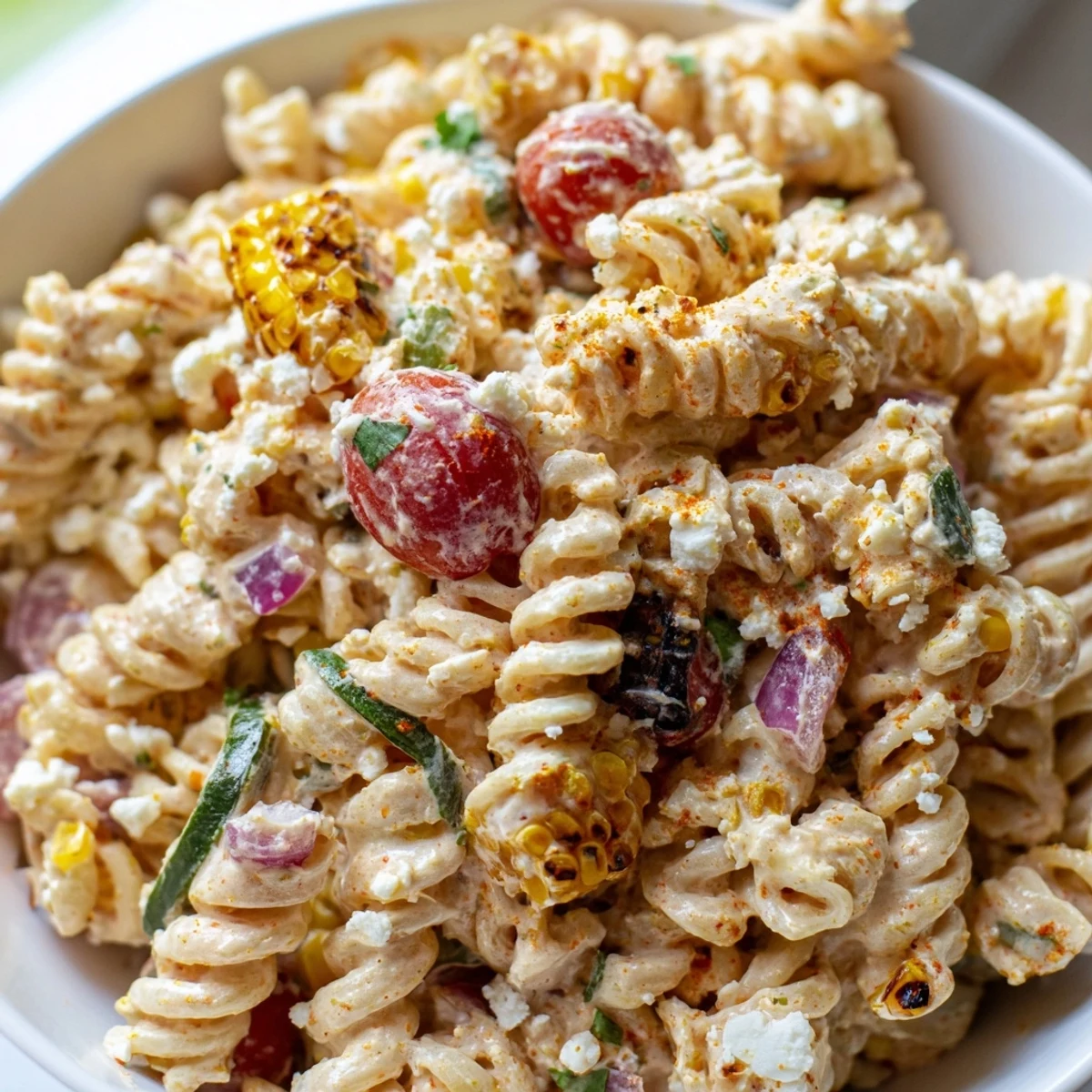 Colorful elote pasta salad featuring roasted corn, juicy tomatoes, and zesty lime coating