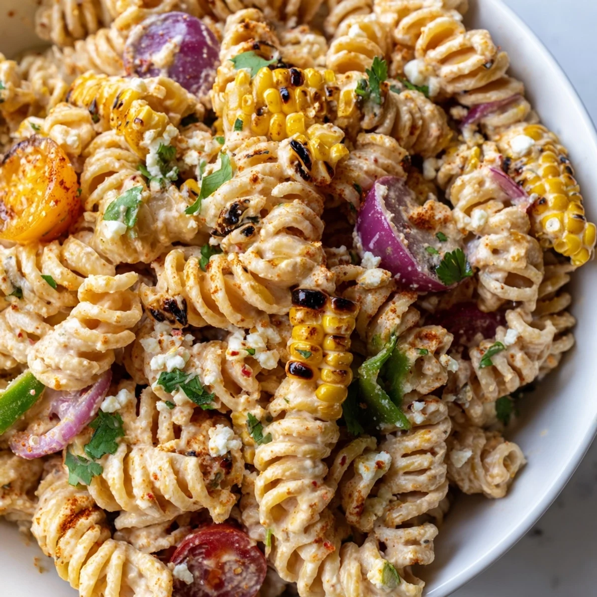 Vibrant elote pasta salad topped with tangy cheese and smoky chili dressing