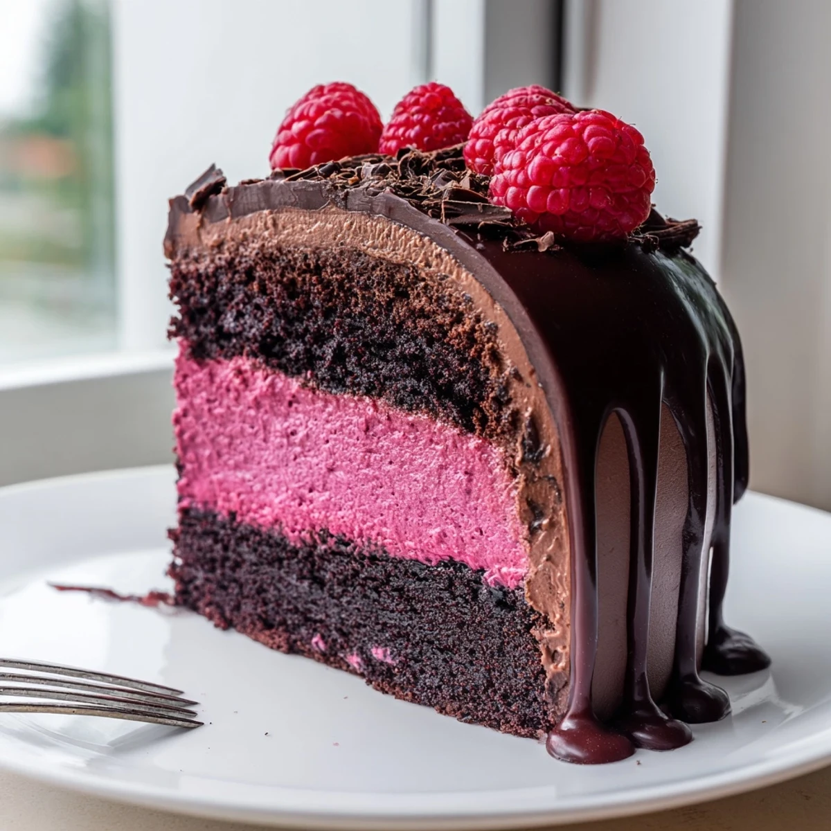Rich raspberry chocolate mousse cake layered with silky ganache and fresh berries on a white plate
