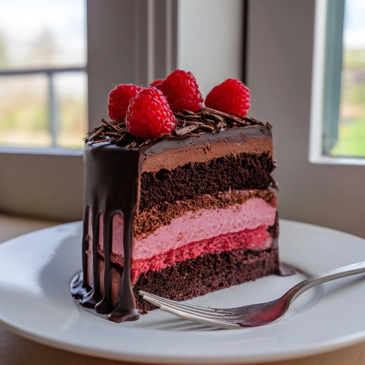 Decadent raspberry chocolate mousse cake slice showing glossy ganache drip and vibrant berry topping
