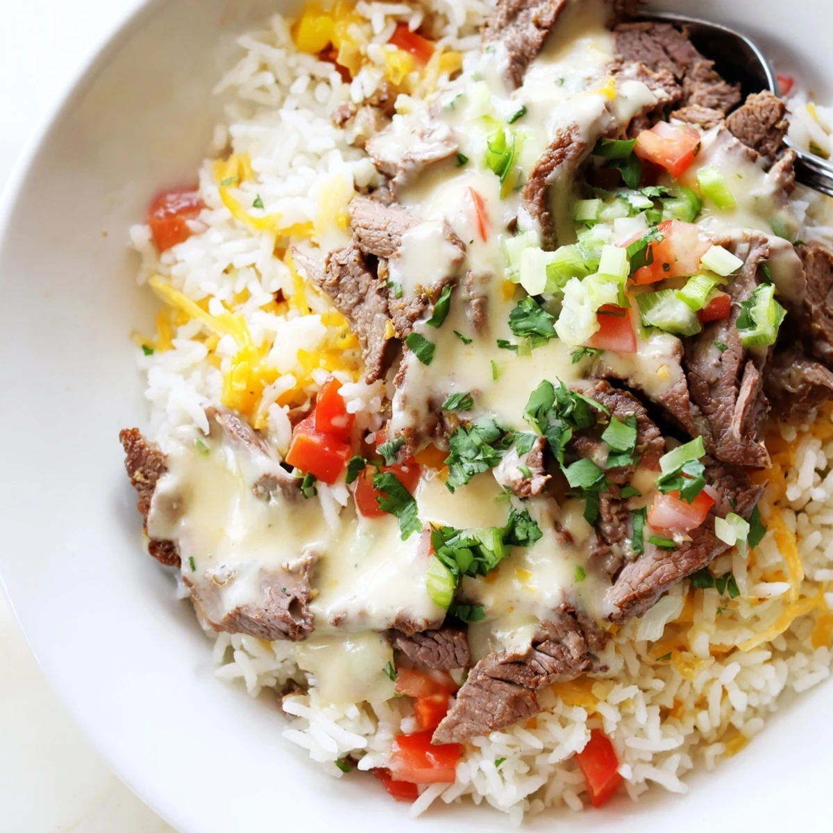 Creamy steak queso rice topped with melted cheese and fresh cilantro