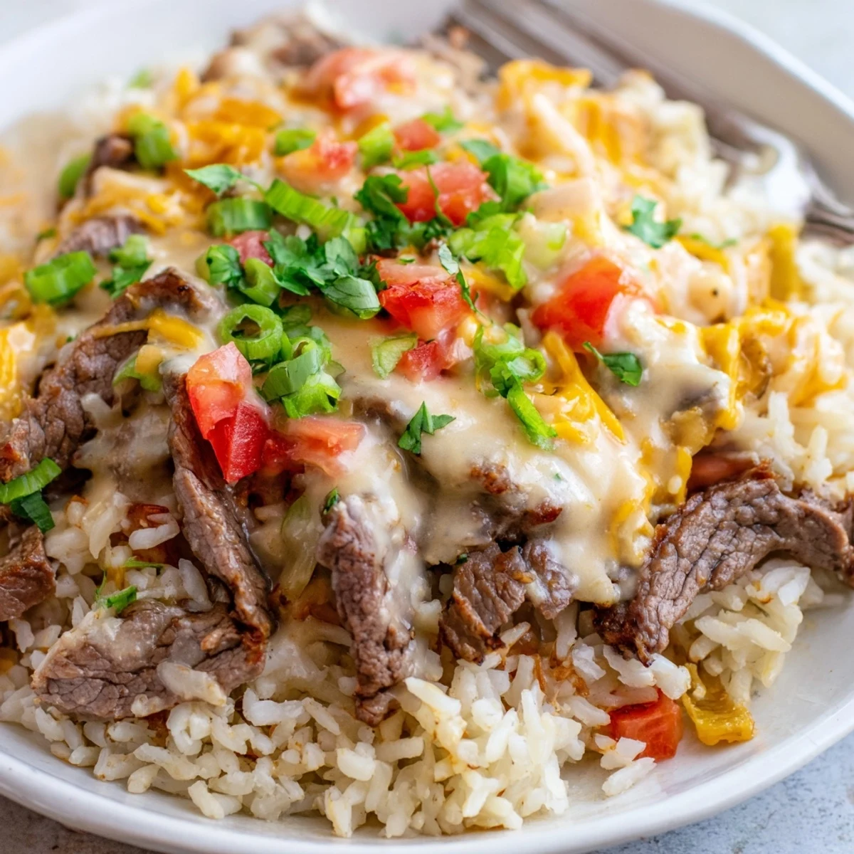 Golden steak queso rice drizzled with rich cheese sauce and garnished with scallions