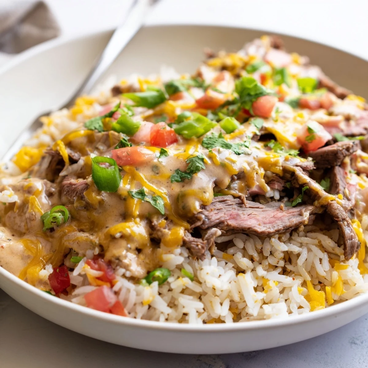 Sizzling steak queso rice in a bowl with colorful bell peppers