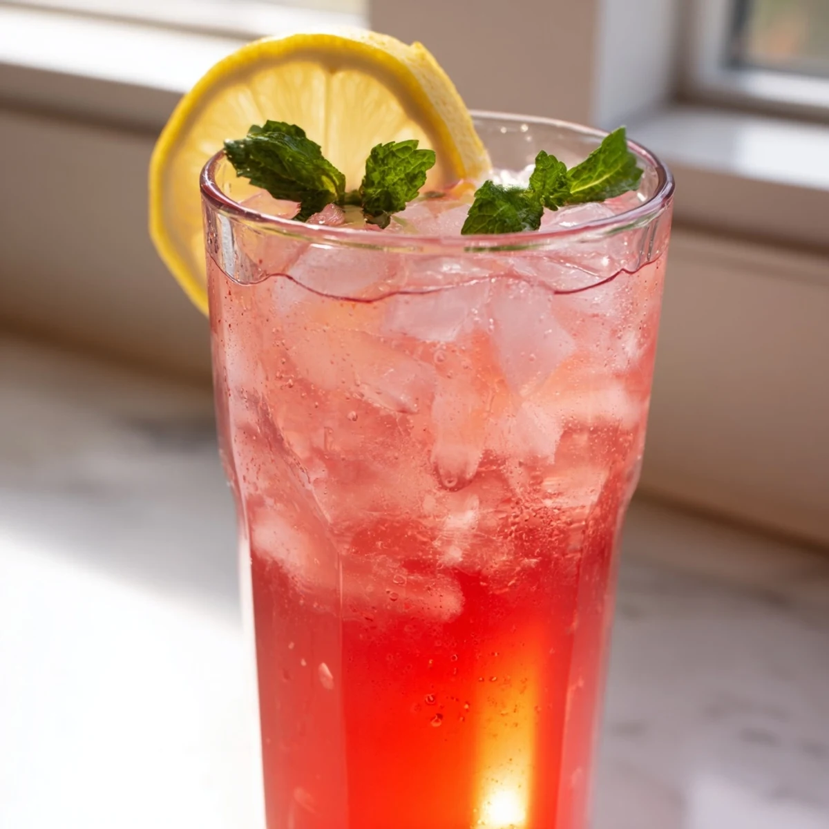 Sparkling honey lemon pink soda served over ice with fresh mint garnish
